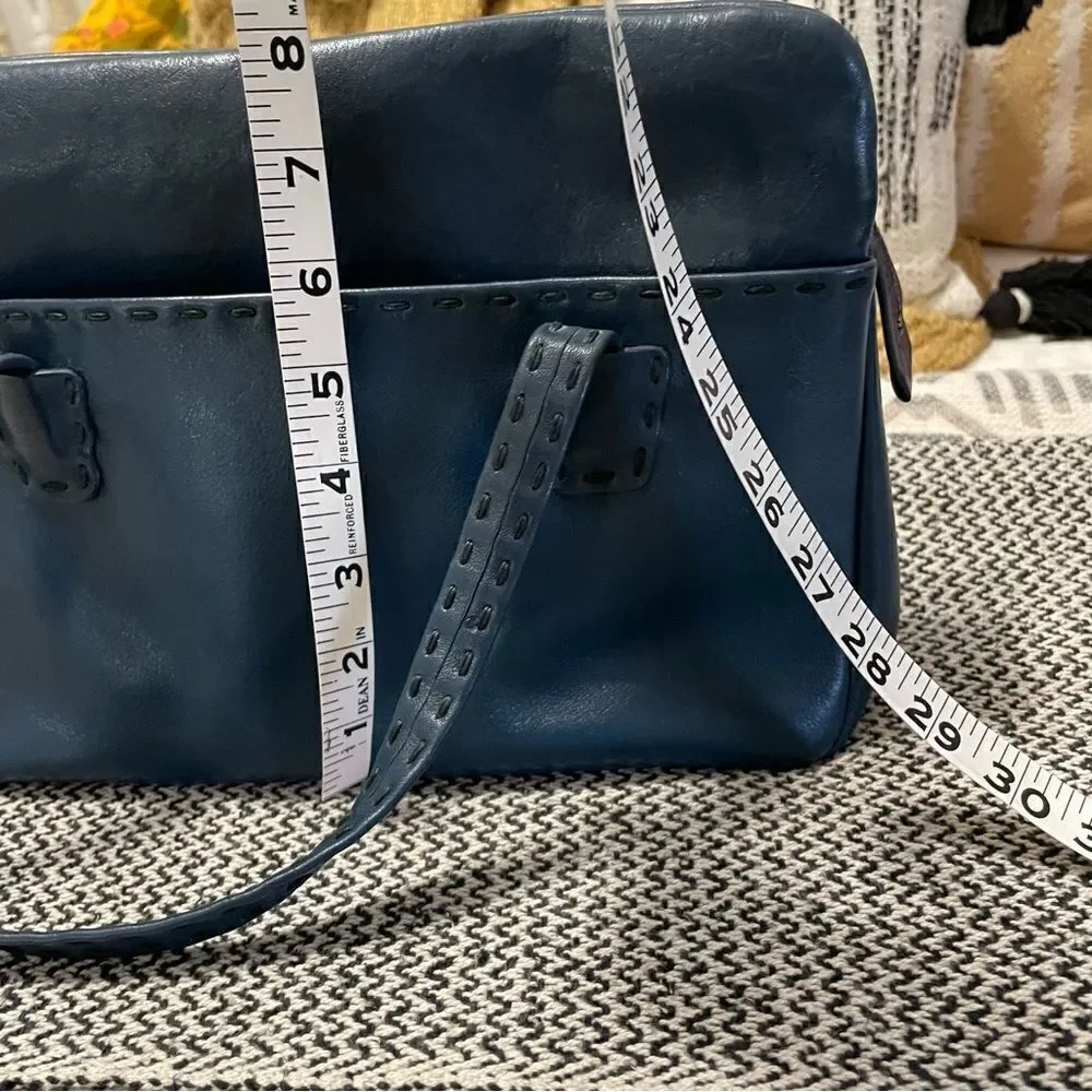 Vintage Ganson Navy Leather Short Handle Tote W/Stitching Detail Bag